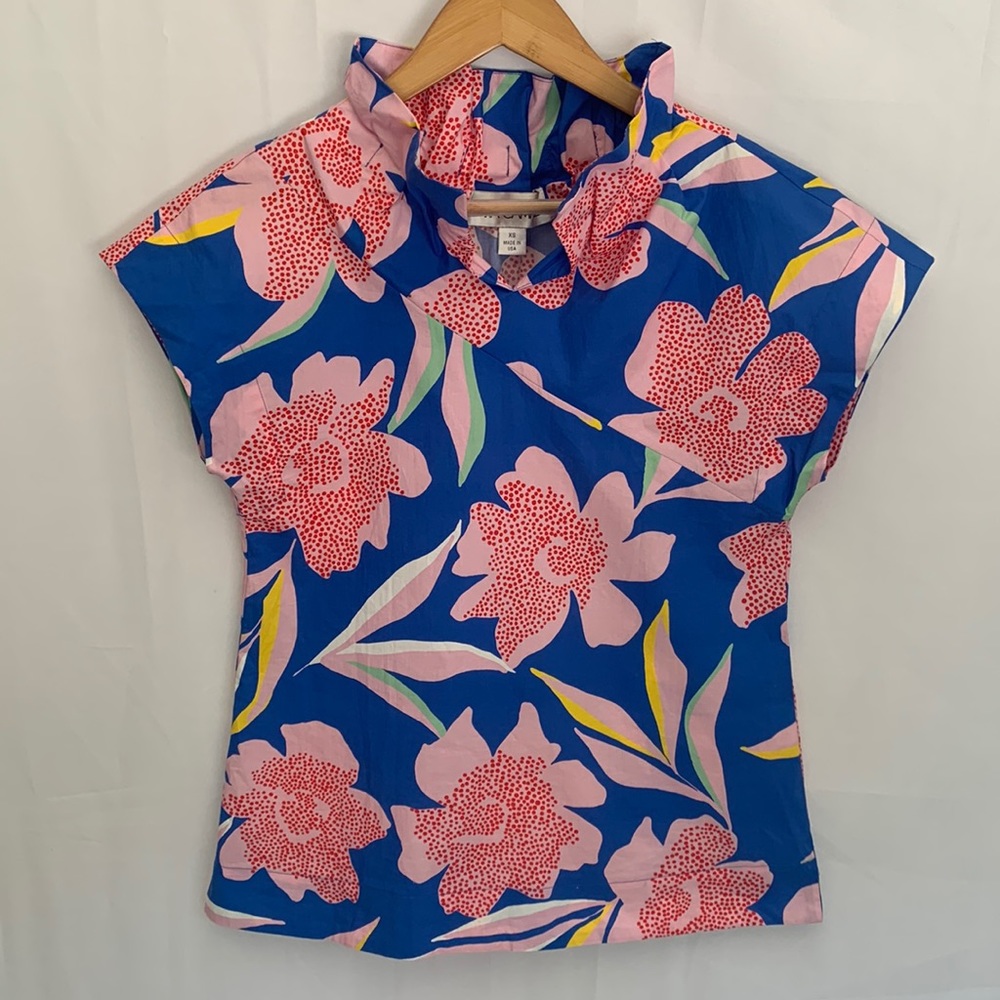 Sara Campbell Floral Collared Cap Sleeve Blouse Cruise Florida Preppy Size XS